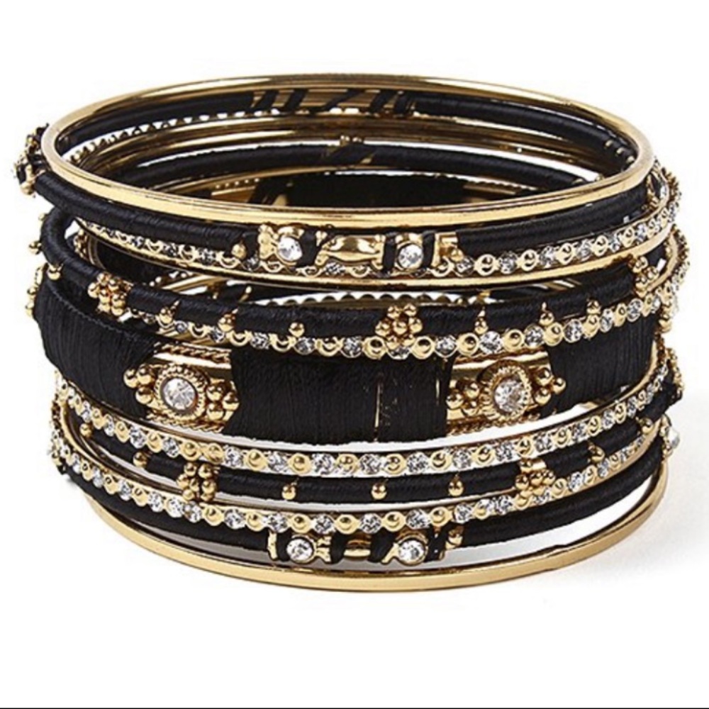 Austrian Crystal & Black Ankara Bangle Set